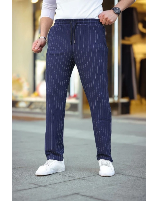 Erkek Cizgili Dokuma Krep Jogger Buggy Pantalon Rahat kalıp - Lacivert