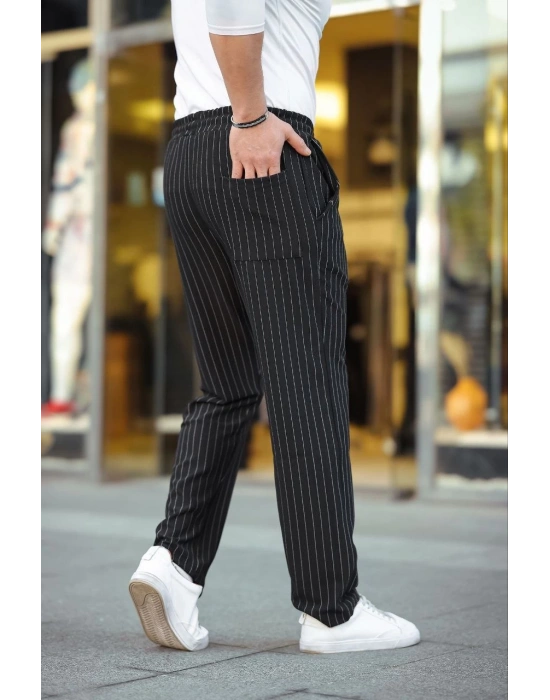 Erkek Cizgili Dokuma Krep Jogger Buggy Pantalon Rahat kalıp - Siyah