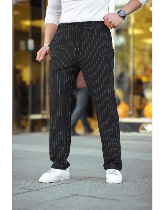 Erkek Cizgili Dokuma Krep Jogger Buggy Pantalon Rahat kalıp - Siyah