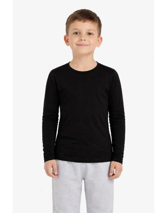 Erkek Çocuk Basic Uzun Kollu Tişört Okul Günlük Rahat T-Shirt - Siyah