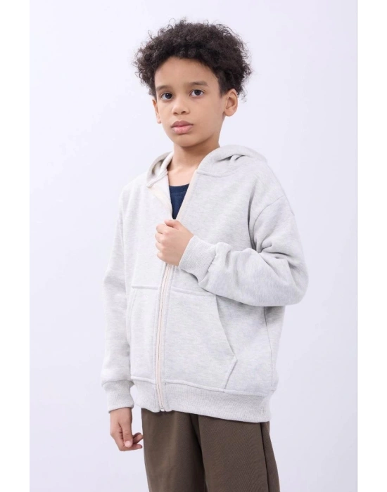 Erkek Çocuk Kapüşonlu Kanguru Cepli Tam Fermuarlı Hırka SweatShirt - Gri