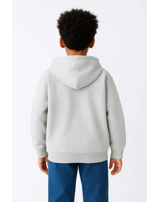 Erkek Çocuk Kapüşonlu Kanguru Cepli Tam Fermuarlı Hırka SweatShirt - Gri