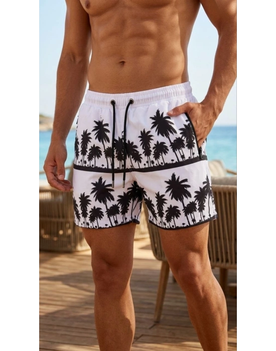 Erkek Deniz Şortu Fermuarlı Cepli File Astarlı Hızlı Kuruyan Premium - Beyaz