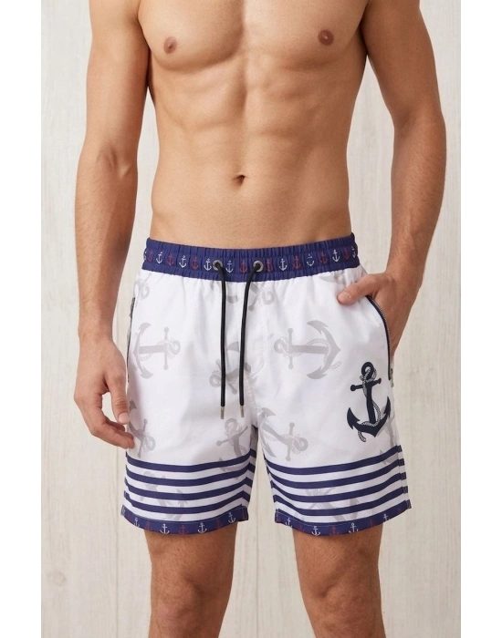 Erkek Deniz Şortu Fermuarlı Cepli File Astarlı Hızlı Kuruyan Premium - Beyaz