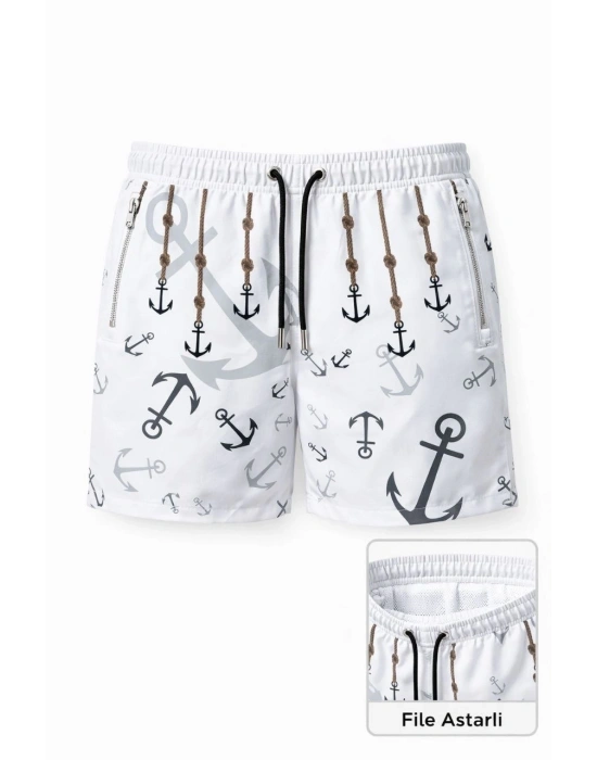 Erkek Deniz Şortu Fermuarlı Cepli File Astarlı Hızlı Kuruyan Premium - Beyaz