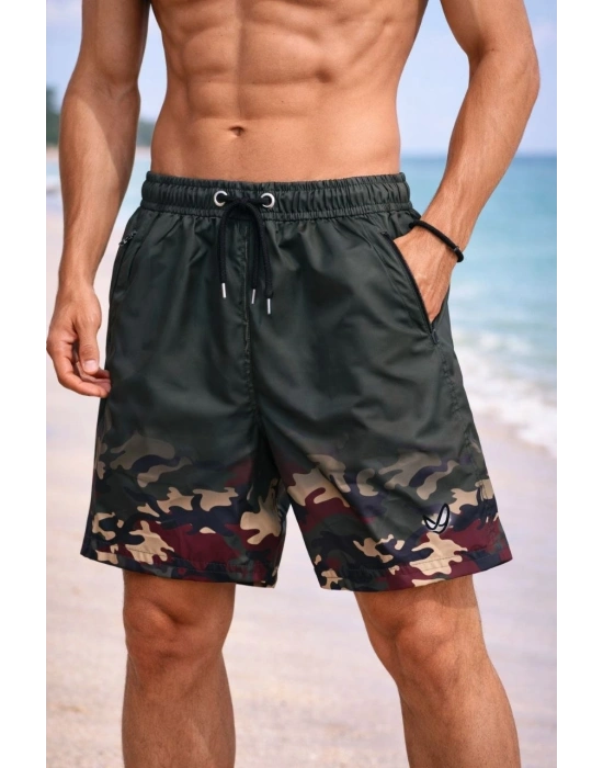 Erkek Deniz Şortu Fermuarlı Cepli File Astarlı Hızlı Kuruyan Premium - Haki