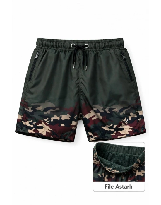 Erkek Deniz Şortu Fermuarlı Cepli File Astarlı Hızlı Kuruyan Premium - Haki