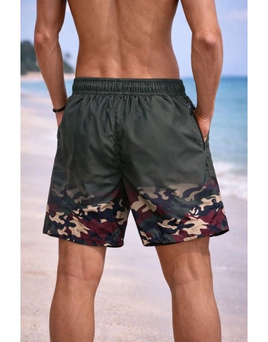 Erkek Deniz Şortu Fermuarlı Cepli File Astarlı Hızlı Kuruyan Premium - Haki