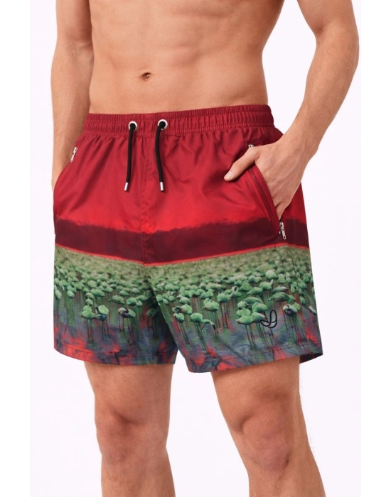 Erkek Deniz Şortu Fermuarlı Cepli File Astarlı Hızlı Kuruyan Premium - Kırmızı