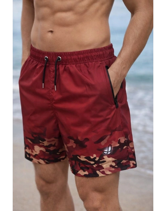 Erkek Deniz Şortu Fermuarlı Cepli File Astarlı Hızlı Kuruyan Premium - Kırmızı