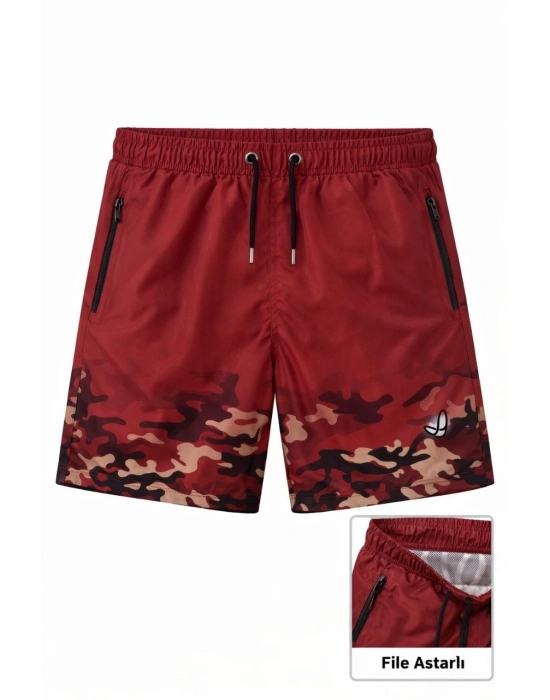 Erkek Deniz Şortu Fermuarlı Cepli File Astarlı Hızlı Kuruyan Premium - Kırmızı