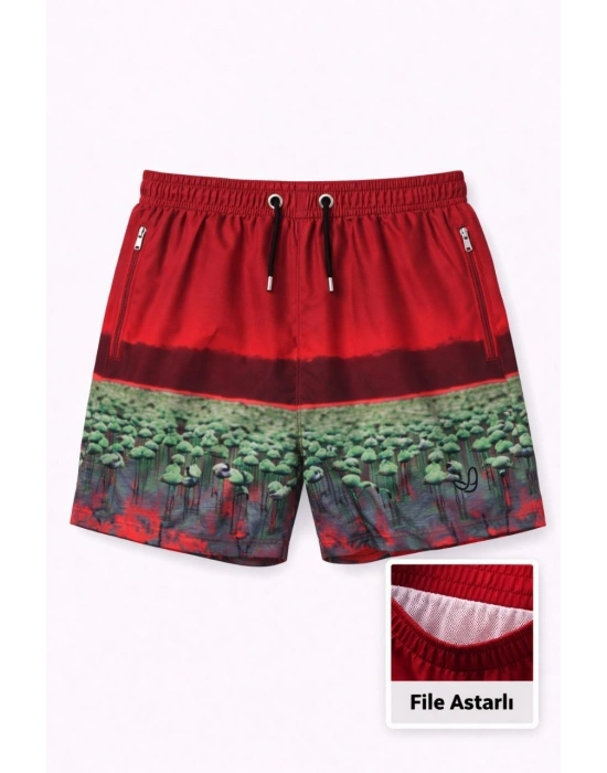 Erkek Deniz Şortu Fermuarlı Cepli File Astarlı Hızlı Kuruyan Premium - Kırmızı