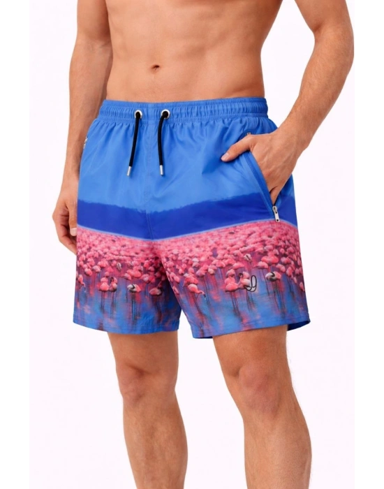 Erkek Deniz Şortu Fermuarlı Cepli File Astarlı Hızlı Kuruyan Premium - Mavi