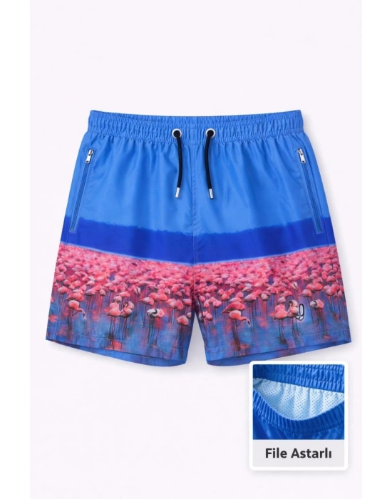 Erkek Deniz Şortu Fermuarlı Cepli File Astarlı Hızlı Kuruyan Premium - Mavi