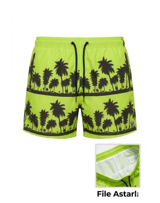 Erkek Deniz Şortu Fermuarlı Cepli File Astarlı Hızlı Kuruyan Premium - Neon Yeşili