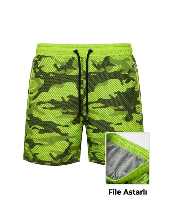 Erkek Deniz Şortu Fermuarlı Cepli File Astarlı Hızlı Kuruyan Premium - Neon Yeşili