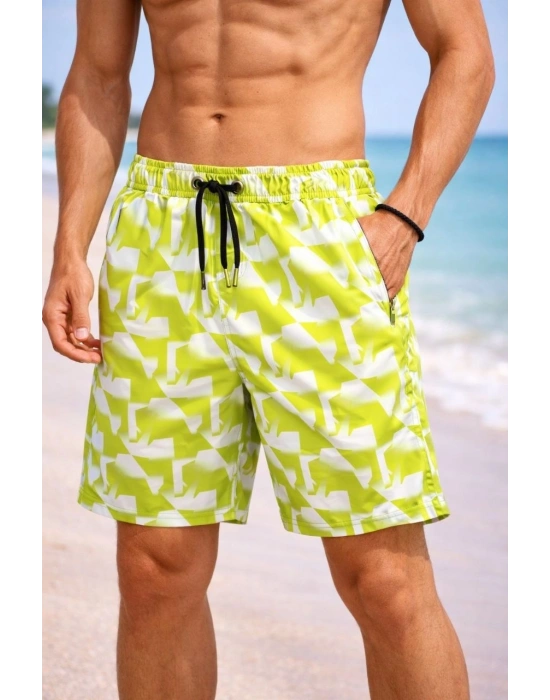 Erkek Deniz Şortu Fermuarlı Cepli File Astarlı Hızlı Kuruyan Premium - Sarı