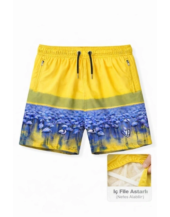 Erkek Deniz Şortu Fermuarlı Cepli File Astarlı Hızlı Kuruyan Premium - Sarı