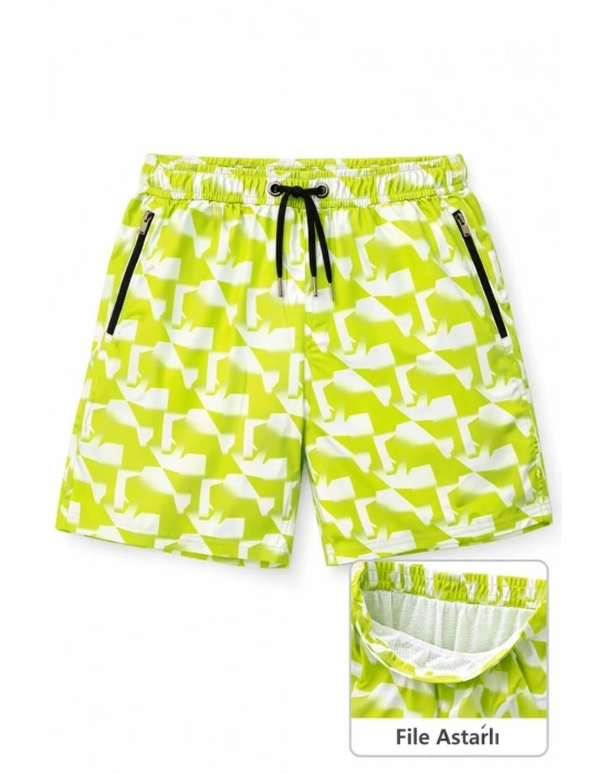 Erkek Deniz Şortu Fermuarlı Cepli File Astarlı Hızlı Kuruyan Premium - Sarı