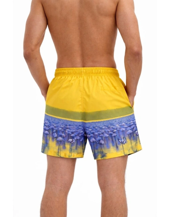 Erkek Deniz Şortu Fermuarlı Cepli File Astarlı Hızlı Kuruyan Premium - Sarı