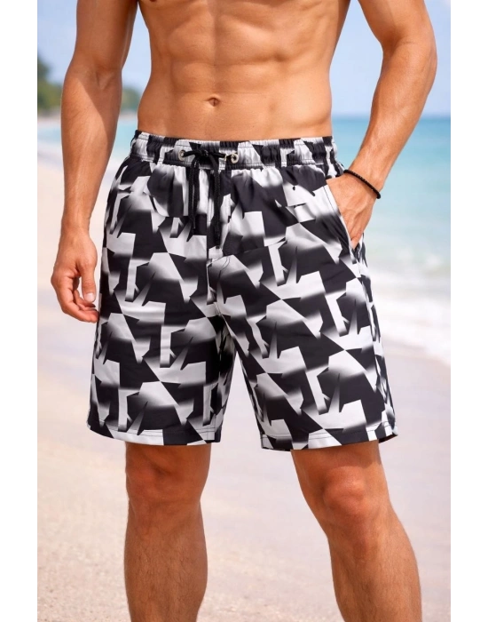 Erkek Deniz Şortu Fermuarlı Cepli File Astarlı Hızlı Kuruyan Premium - Siyah