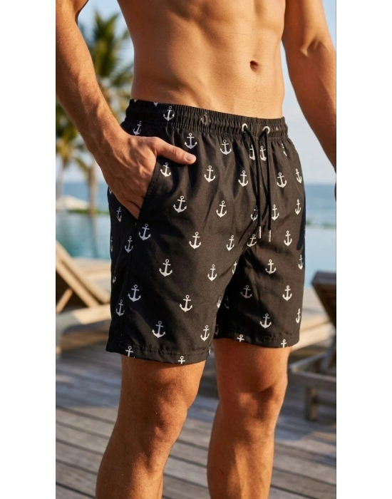 Erkek Deniz Şortu Fermuarlı Cepli File Astarlı Hızlı Kuruyan Premium - Siyah