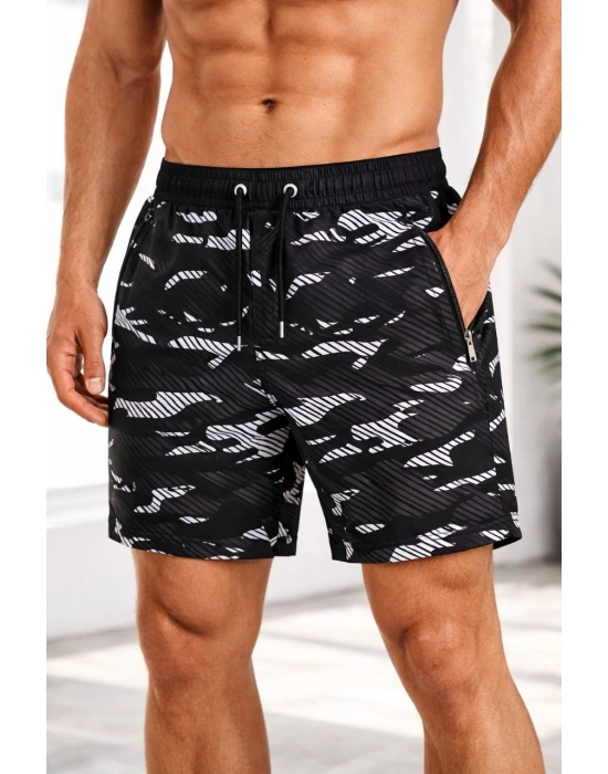 Erkek Deniz Şortu Fermuarlı Cepli File Astarlı Hızlı Kuruyan Premium - Siyah