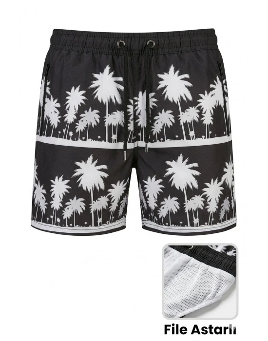 Erkek Deniz Şortu Fermuarlı Cepli File Astarlı Hızlı Kuruyan Premium - Siyah