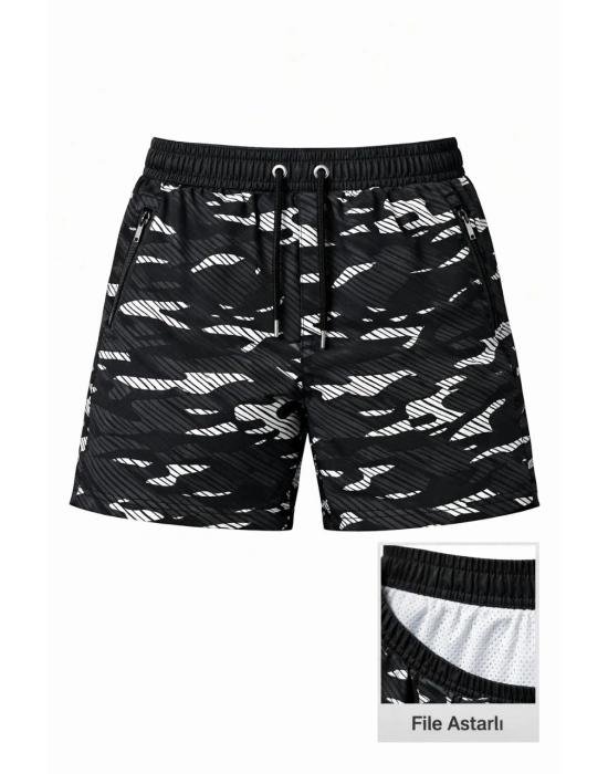 Erkek Deniz Şortu Fermuarlı Cepli File Astarlı Hızlı Kuruyan Premium - Siyah