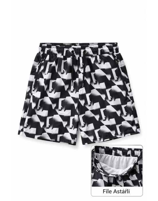 Erkek Deniz Şortu Fermuarlı Cepli File Astarlı Hızlı Kuruyan Premium - Siyah