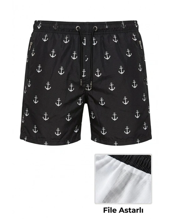 Erkek Deniz Şortu Fermuarlı Cepli File Astarlı Hızlı Kuruyan Premium - Siyah
