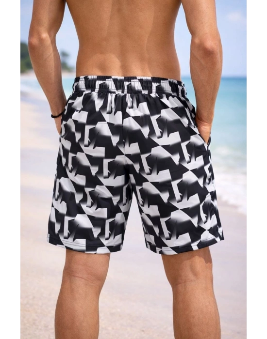 Erkek Deniz Şortu Fermuarlı Cepli File Astarlı Hızlı Kuruyan Premium - Siyah