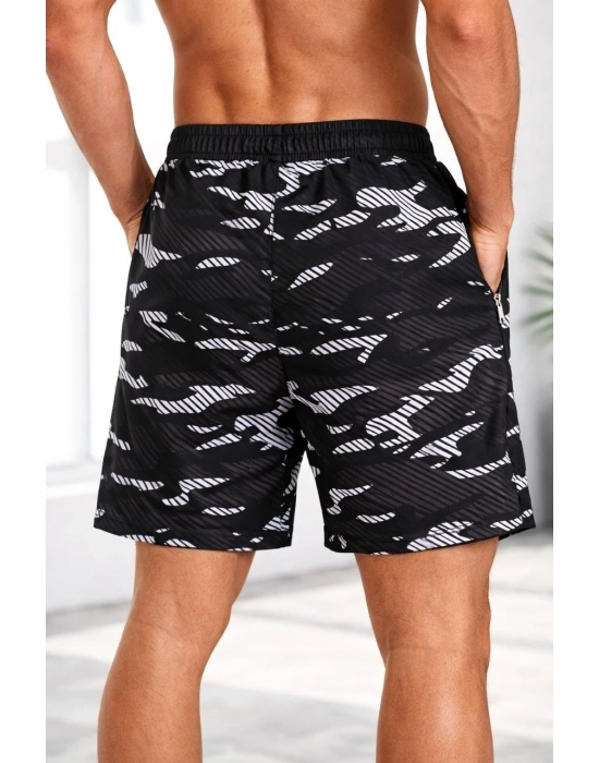 Erkek Deniz Şortu Fermuarlı Cepli File Astarlı Hızlı Kuruyan Premium - Siyah