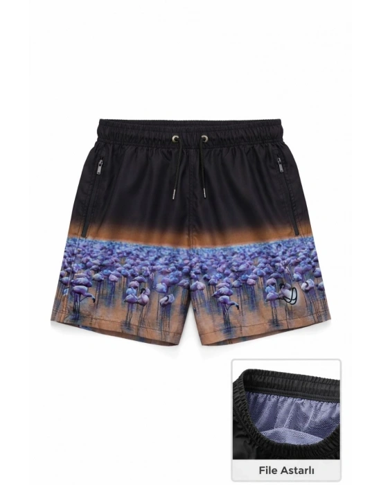 Erkek Deniz Şortu Fermuarlı Cepli File Astarlı Hızlı Kuruyan Premium - Siyah