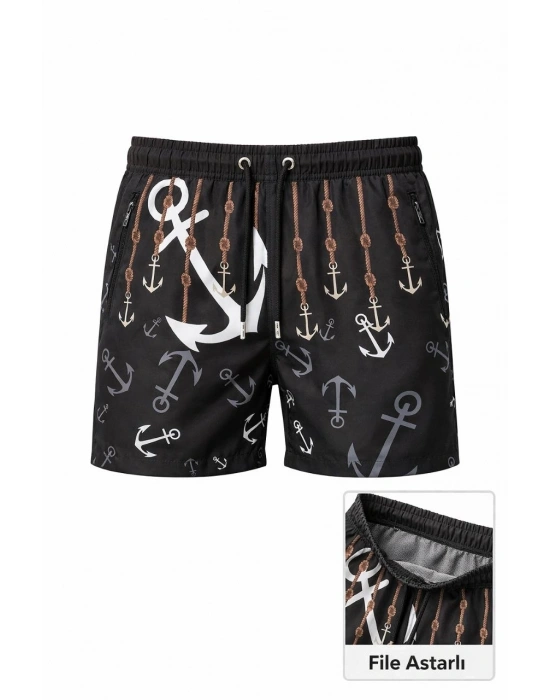 Erkek Deniz Şortu Fermuarlı Cepli File Astarlı Hızlı Kuruyan Premium - Siyah