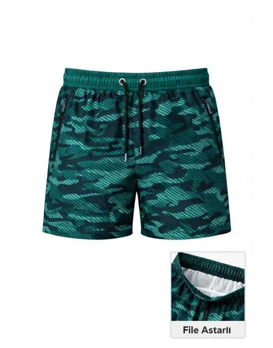 Erkek Deniz Şortu Fermuarlı Cepli File Astarlı Hızlı Kuruyan Premium - Su Yeşili