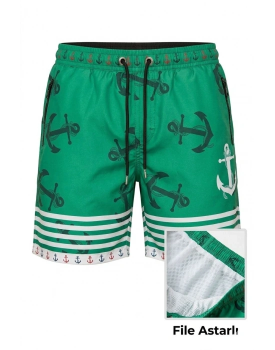 Erkek Deniz Şortu Fermuarlı Cepli File Astarlı Hızlı Kuruyan Premium - Su Yeşili