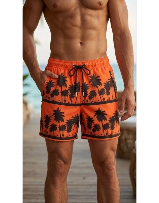 Erkek Deniz Şortu Fermuarlı Cepli File Astarlı Hızlı Kuruyan Premium - Turuncu