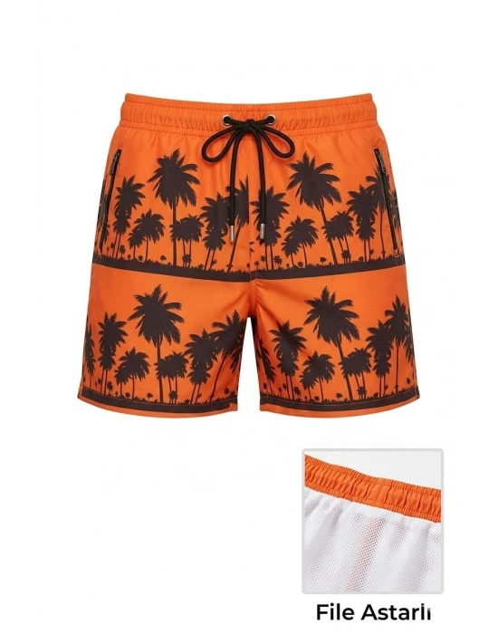 Erkek Deniz Şortu Fermuarlı Cepli File Astarlı Hızlı Kuruyan Premium - Turuncu