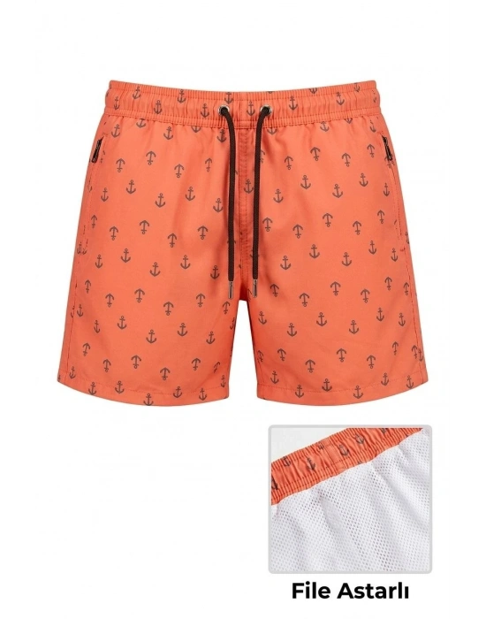 Erkek Deniz Şortu Fermuarlı Cepli File Astarlı Hızlı Kuruyan Premium - Turuncu