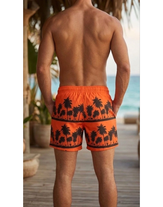 Erkek Deniz Şortu Fermuarlı Cepli File Astarlı Hızlı Kuruyan Premium - Turuncu