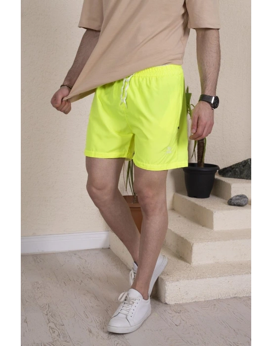 Erkek Deniz Şortu Fermuarlı Cepli File Astarlı - Neon Yeşili