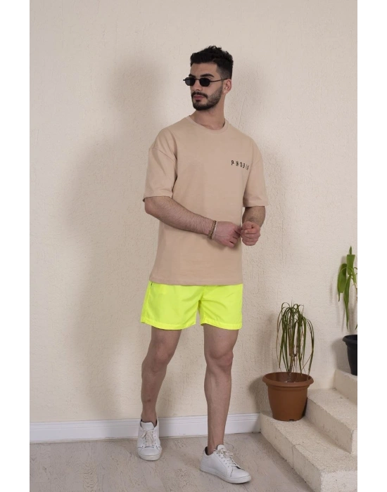 Erkek Deniz Şortu Fermuarlı Cepli File Astarlı - Neon Yeşili