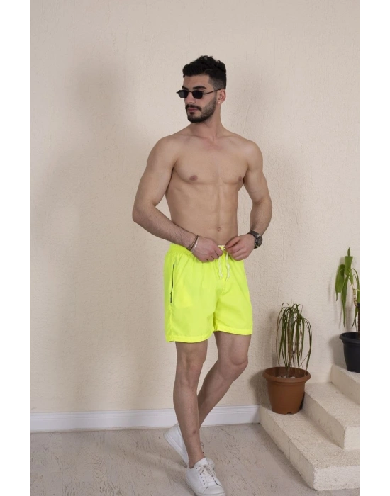 Erkek Deniz Şortu Fermuarlı Cepli File Astarlı - Neon Yeşili