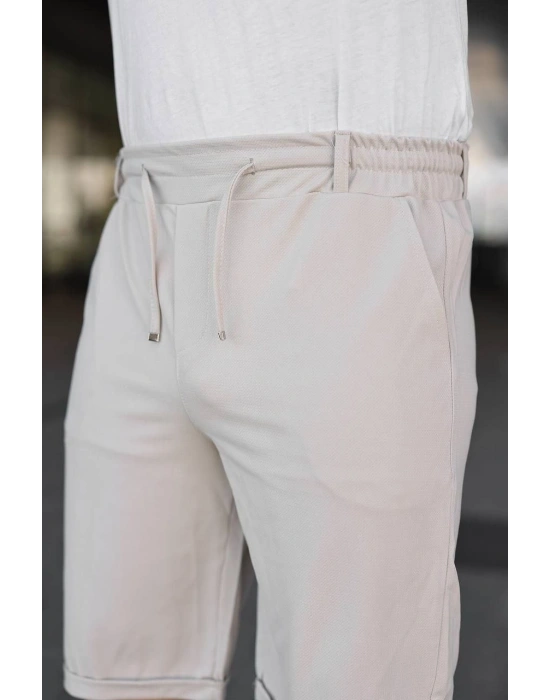 Erkek Diagonel Kumaş Duble Paça Cepli Bağcıklı Bel Lastikli ŞORT - Krem