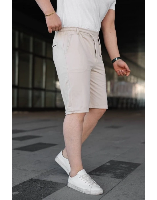 Erkek Diagonel Kumaş Duble Paça Cepli Bağcıklı Bel Lastikli ŞORT - Krem