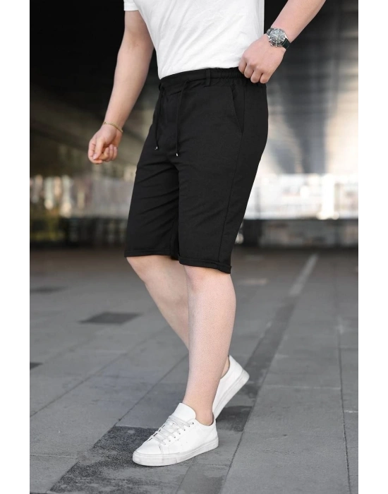 Erkek Diagonel Kumaş Duble Paça Cepli Bağcıklı Bel Lastikli ŞORT - Siyah