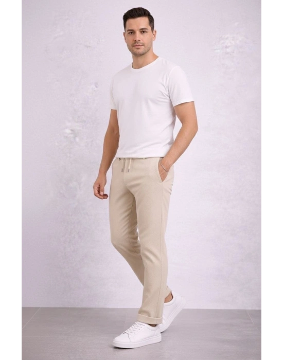 Erkek Diagonel Mikro dokulu Duble Paça Cepli Pantolon ,Modern Kesim - Krem