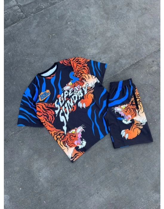 Erkek Dijital Baskılı Şortlu Kısa kol Alt-Üst Takım - Mavi
