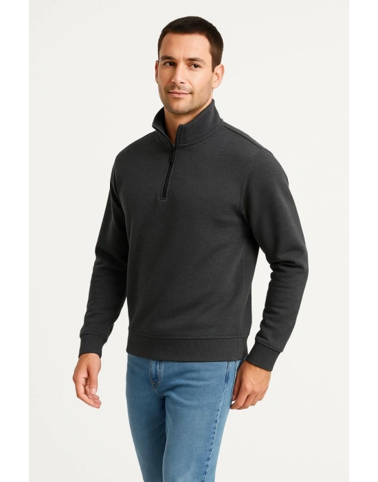 Erkek Dik Yaka Yarım Fermuarlı 3 İplik Pamuklu Sweatshirt -  Antrasit